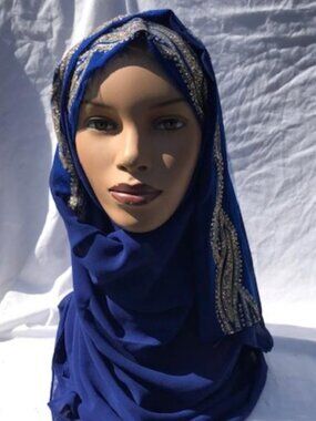 Sapphire Blue  chiffon Headscarves Oblong Fashion Scarf Gold Accent